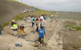 貝の化石を探し歩く参加者たち