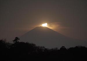 富士山頂に月がかかったところ