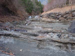 古屋砂岩層はENE=WSWの走向を持ち、北へ40度ほど傾斜する