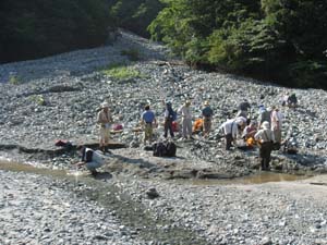 大野山沢の押し出しの中からガーネット流紋岩を探す