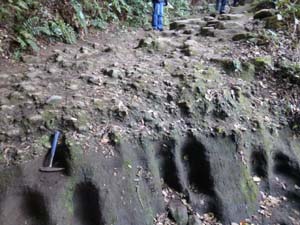 化粧坂切通しにみられる黒滝不整合の侵食面と基底礫層