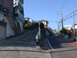 道路の左(南)側にそびえる渋沢断層の分岐断層の断層崖（秦野市萩が丘）