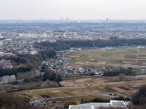 観光展望台から、中津川沿いにみられる中津原段丘の段丘面と段丘崖を望む