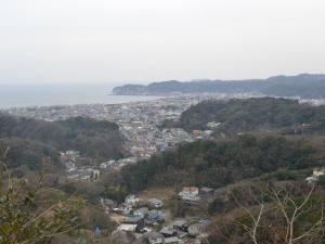 絹張山山頂から鎌倉の平野と相模湾を望む。相模湾に突き出す稲村ヶ崎も池子層からなる(鎌倉市浄明寺)。