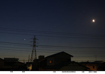 木星・金星・火星・土星・月2022.04.25(4時05分)市内長持（撮影　剱持瑞穂）