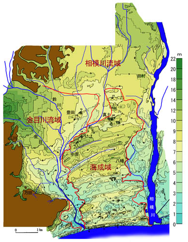 相模平野の等高線図