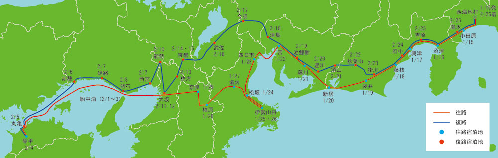 慶応3年（1867）1月15日縲鰀2月27日　西海地村栄次郎の伊勢・金毘羅参詣ルート