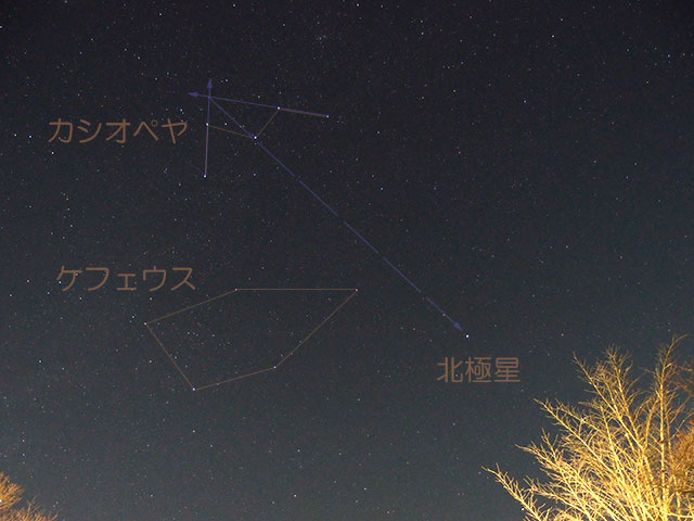 カシオペヤ座から北極星 線入り